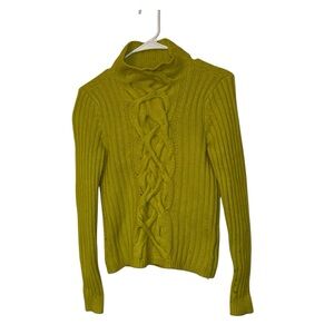 100% Cashmere Hand Knit Chartreuse Magaschoni Cable Knit Rib Mock Neck Sweater
